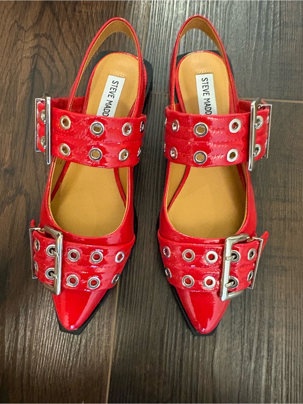 Steve Madden Red Patent Pointed Slingback Flats with Grommet Buckles